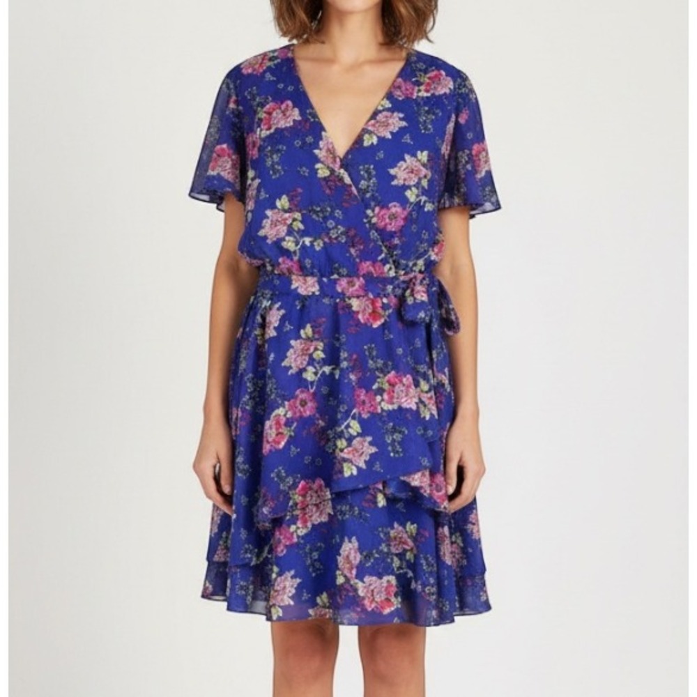 TAHARI Royal Blue Floral V-NECK FLARE DRESS Flutter Sleeve Tie Belt TIERED sz 10